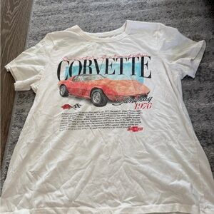Hybrid Apparel White Corvette Graphic Tee with Red and Teal Accents